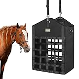 MIYABALA Hay Bags for Horses,Two-Sided Premium Oxford Slow Feed Hay Bags for Goats,Sheep,Donkey,Large Top Opening with Hook-and-Loop Seals,Easy to Hang with Adjustable Strap (Black, Large 1 Pack)