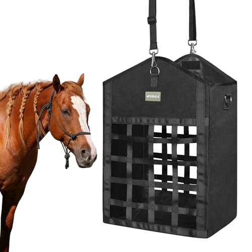 MIYABALA Hay Bags for Horses,Two-Sided Premium Oxford Slow Feed Hay Bags for Goats,Sheep,Donkey,Large Top Opening with Hook-and-Loop Seals,Easy to Hang with Adjustable Strap (Black, Large 1 Pack)