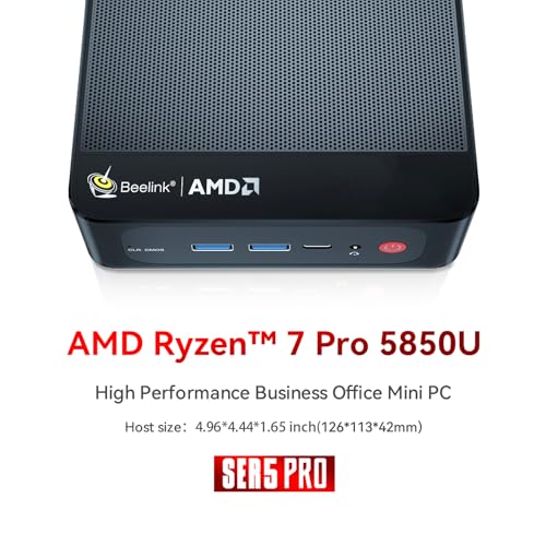 Image of Beelink SER5 Mini PC AMD Ryzen 7 5850U(7nm,8C /16T,up to 4.4GHz), Mini Computer with 32GB DDR4 RAM 1TB M.2 SSD Dual LAN, Support 4K Three Screen Display /HDMI+DP+Type-C /WiFi6 /BT5.2 /54W /HTPC /Micro PC