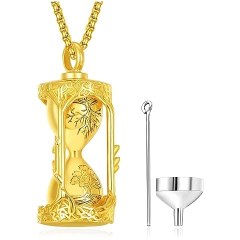 ADMETUS Gold Hourglass Urn Necklace Sterling Silver Tree of Life Urn Necklace Gold Cremation Jewelry for Ashes for Men Gold Hourglass Pendant for Ashes Memorial Gifts Cover