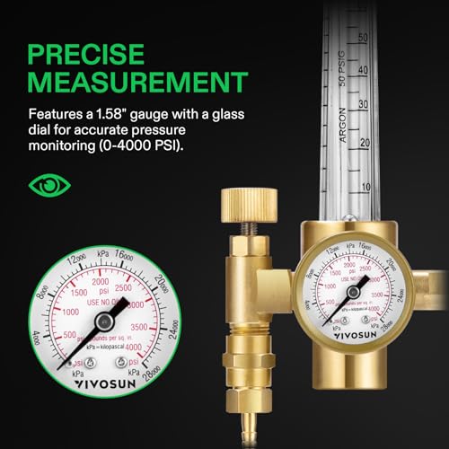 VIVOSUN Argon/CO2 Regulator, Mig Tig Flow Meter Gas Regulator, Emitter System with 50 PSI Fixed, Max. 4000PSI, CGA580 Inlet Pressure, Precise Brass Gas Regulator Gauge Welding Weld - Image 4
