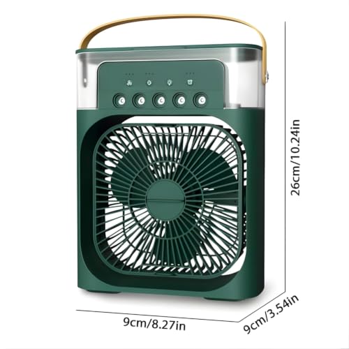 Image of DRUMSTONE (Luxurious 5 Year Warranty) Portable Mini Air Cooler with Mist Function, USB Powered Desk Fan, 600ml Water Tank, 3 Fan Speeds, 7-Color LED Light, Timer Function GREEN