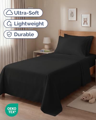 Image of Twin 4 Piece Bed Sheet Set - Comfy, Breathable & Cooling Sheets - Black | Ultra Soft Hotel Luxury Bedding Set with 8-16 Inch Deep Pockets, 1 Flat & 1 Fitted Sheet & 2 Pillowcases, Wrinkle & Fade Free