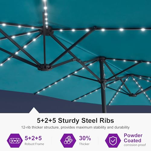 Image of PURPLE LEAF Patio Umbrella 13ft with Base and Solar Lights, Turquoise Blue