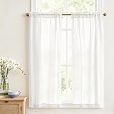 Vangao Scheibengardinen Modern Küche Leinenoptik Bistrogardine 2er Set 90B x 115H cm Weiß Spitzenborte Volant mit Stangendurchzug Boho Curtains Landhausstil Gardinen Kurz Lichtdurchlässig Wohnwagen