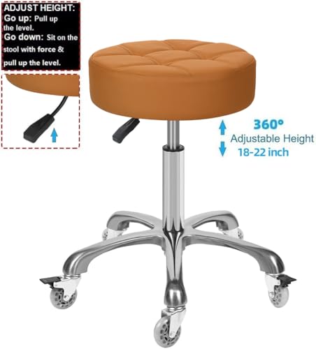 Image of Adjustable Heavy Duty Stool - Rolling Stools with Locking Caster Wheels - Swivel Stools Backless Chair for Beauty Hair Salon Spa Home Kitchen Office Shop Massage (Camel, Height 18 to 22 in)