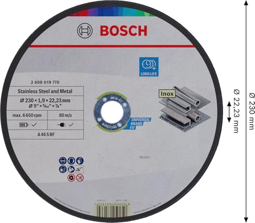 Bosch 1x Stainless Steel and Metal Trennscheibe Long Life, Bohrung 22,23 mm (für Edelstahl, Stahl, Ø 230 mm, Professional Zubehör Großer Winkelschleifer)