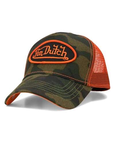 Von Dutch Monogram Trucker Cap - Retro Snapback Cap for Men and Women - Adjustable Snap Fit Panel Mesh Rear Curved Bill Size One Size Camo