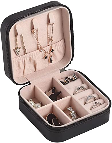 House of Quirk Poratble Mini PU Leather Small Jewelry Box, Travel Portable Jewelry Case for Ring, Pendant, Earring, Necklace, Bracelet Organizer Storage Holder Boxes – Black