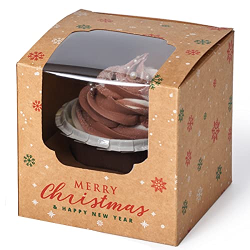 Shallive 100 Pcs Merry Christmas Kraft Cupcake Boxes Individual with