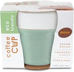 Coffee Cup - Copo de Porcelana com luva de silicone verde para proteção térmica, capacidade para 150 ml, 8 cm de altura