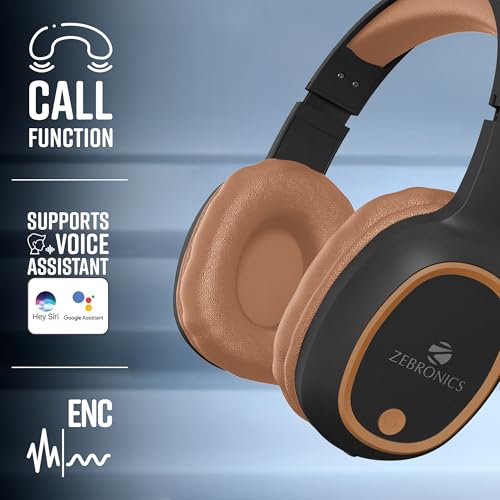 Image of ZEBRONICS Thunder Over Ear Bluetooth 5.3 Wireless Headphones with 60H Backup, Gaming Mode, Dual Pairing, Enc, Aux, Micro Sd, Voice Assistant, Comfortable Earcups, Call Function (Brown)
