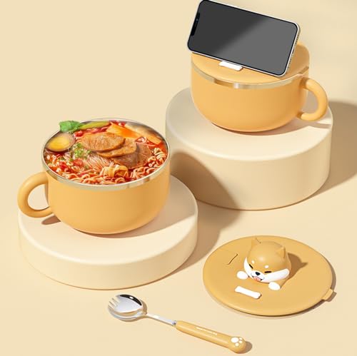 HOMURY Bol instantané en forme de chiot : 1200 ml Ramen avec couvercle et cuillère, portable en acier inoxydable, à l'épreuve des fuites, pour nouilles et soupe