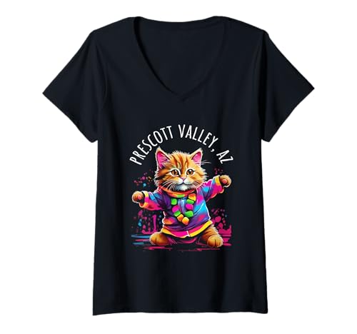 Mujer Prescott Valley Arizona - Gato bailarín, diseño colorido Camiseta Cuello V