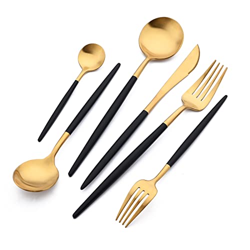 Snplowum - Juego de vajilla de 24 piezas de oro mate, utensilios de acero inoxidable 18/10 con mango negro para cena y postre, juego de cubiertos para restaurante, servicio para 4 (oro negro)