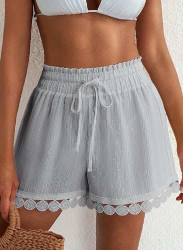 Image of Dokotoo Womens Shorts Summer Casual Loose Elastic Waist Drawstring Lace Boho Beach Cover Up Shorts