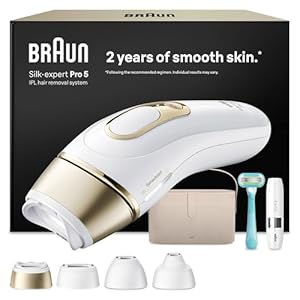 Braun Smart IPL Geräte Haarentfernung Silk·expert Pro 5 — Dauerhafte Laser Haarentfernung für Zuhause, Designed in Germany — Inkl. Etui, Mini-Rasierer, Venus Rasierer, 4 Aufsätze — PL5442, Weiß/Gold