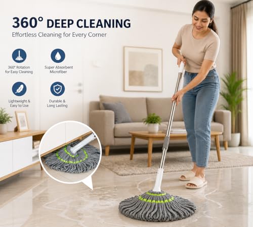 Image of Microfiber Squeeze Twist Mop for Floor Cleaning | 18-Inch Telescopic Extendable Handle | Self-Wringing Cotton Mop Head | Hardwood, Tile, Marble & Granite | Home, Office & Hospital Use | DecorTwist