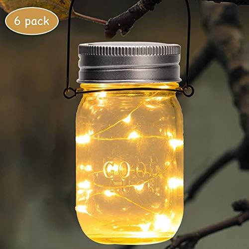 GIGALUMI Hanging Solar Mason Jar Lights , 6 Pack 30 Led Solar Lanterns Outdoor Hanging Solar Jar Lanterns, 6 Hangers and Jars Included. Great Outdoor Lawn Decorate for Patio Garden, Yard and Lawn