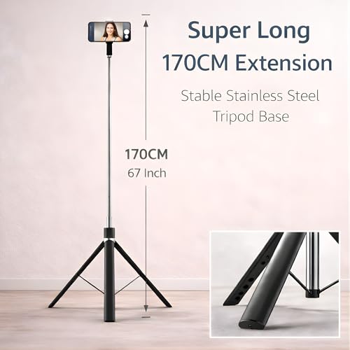 Image of Novobit 3-in-1 Selfie Stick Tripod & Video Recording Stand for Phone with LED Light & Bluetooth Remote | 170cm /67 Inch Vlogging Stand for Reels, YouTube & Video Shooting - iPhone & Android