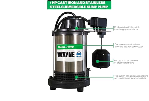 Image of Wayne 1 HP Heavy Duty Submerisble Cast Iron and Stainless Steel Sump Pump with NEW Switch - Removes up to 6,100 Gallons of Water Per Hour