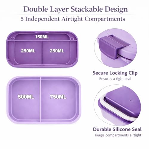Image of YELONA Lunch Box for Office & Kids 1900ML | Double Layer Leakproof Bento Box with 5 Compartments | Microwave Safe, Built-in Spoon & Fork, BPA Free Tiffin Box - Purple