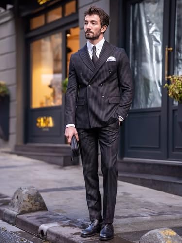 Pinstripe Suit for Men Slim Fit 2 Piece Pinstripe Double Breasted Suit Men Wedding Formal Business Dress Tuxedo2