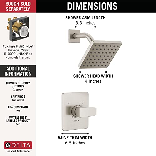 Image of Delta Modern 14 Series Shower Faucet Set, Brushed Nickel Shower Head and Handle Set, Valve Trim Kit, Stainless T14267-SS-PP (Valve Not Included)