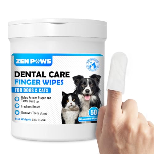 Zenpaws Teeth and Gum Cleaning Wipes for Dogs & Cats - Reduces Plaque, Tarter Buildup & Freshens Breath No-Rinse Disposable Dog Finger Toothbrush Pet Wipes, 50 pcs