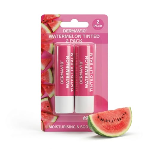 Derma V10 Tinted Lip Balm Set, Watermelon Flavored Lip Balm for Dry Chapped Lips, Natural Vegan Moisturizing Lip Care Treatment, Hydrating Colored Lip Balm for Women, Pack of 2