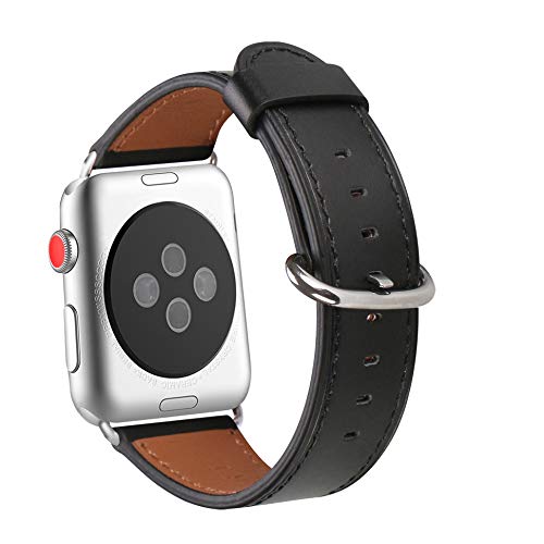 WFEAGL Compatible iWatch Band 38mm 40mm, Top Grain Leather Band Replacement Strap for iWatch Series 4,Series 3,Series 2,Series 1,Sport, Edition (38mm 40mm, Black Band+Silver Adapter)