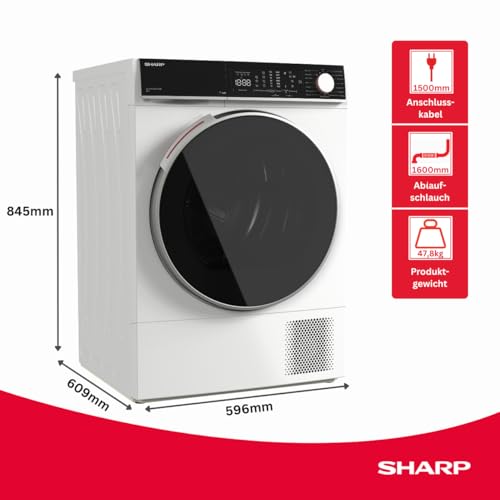 Sharp KD-WNHL8S9GWB-DE Wäschetrockner, 8kg, B, WiFi, 15 Trockenprogramme inkl. 30-Minuten-Schnelltrockenprogramm, Weiß