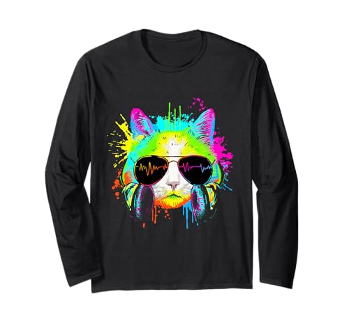 Funny Kitten Colourful Rainbow Rave Music DJ Cat Long Sleeve T-Shirt