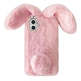 Bonitec Compatible with iPhone 16 Faux Rabbit Case, Bling Fur Case for Girls Luxury Cute Warm Handmade Faux Rabbit Bunny Furry Fuzzy Fluffy Soft 3D Ear Hair Plush Protective Case Cover for Women