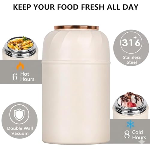 Image of Insulated Lunch Box 500ml Stainless Steel | Thermal Food Flask & Food Jar with Folding Spoon | Leakproof Tiffin Box for Office, School, Travel | Hot & Cold Food Container (White With Golden Handle)