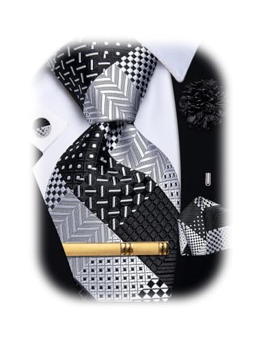 Image of YourTies Striped Plaid Ties for Men Silk Formal Necktie Set | 3.15 inch(8cm) Woven Jacquard Mens Ties with Necktie Pocket Square Cufflink Tie Clip Lapel Pin for Wedding Business Party