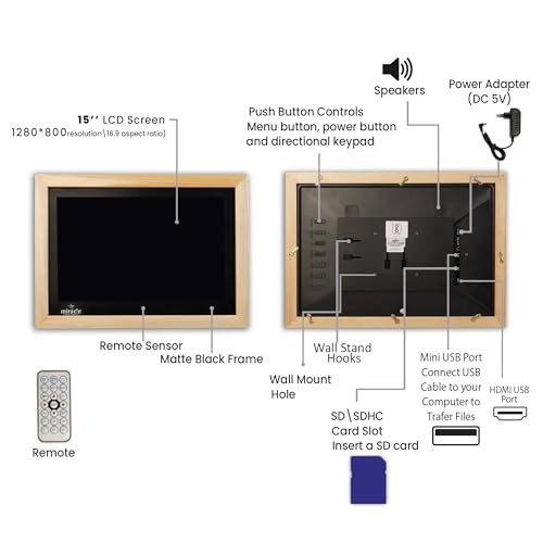 Image of Miracle Digital 15.4''(38.1) cm Wooden Digital Photo Frame Hi- Def.Screen Built in 8GB Memory & 2GB RAM.USB Disk Card,Remote Photos SlideShow,Video Audio,Support SD (Light)