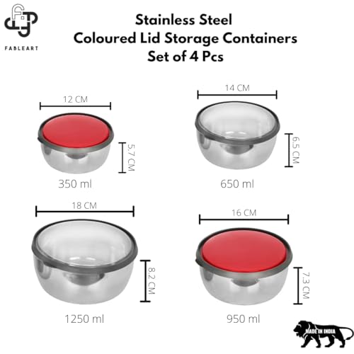 Image of Stainless Steel Food Storage Containers with Coloured Airtight Plastic Lids; Kitchen Lid Bowl Set; 4Pcs (350ml, 650ml, 950ml, 1250ml) (REGULAR PRINT)