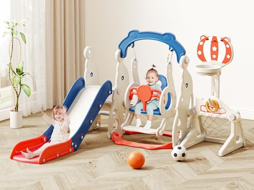Glaf 6 in 1 Toddler Slide and Swing Set Kids Slide for Toddlers 1-3 Outdoor Playset Indoor Playground Baby Climber Toys with Basketball Hoop (Blue with Goal)