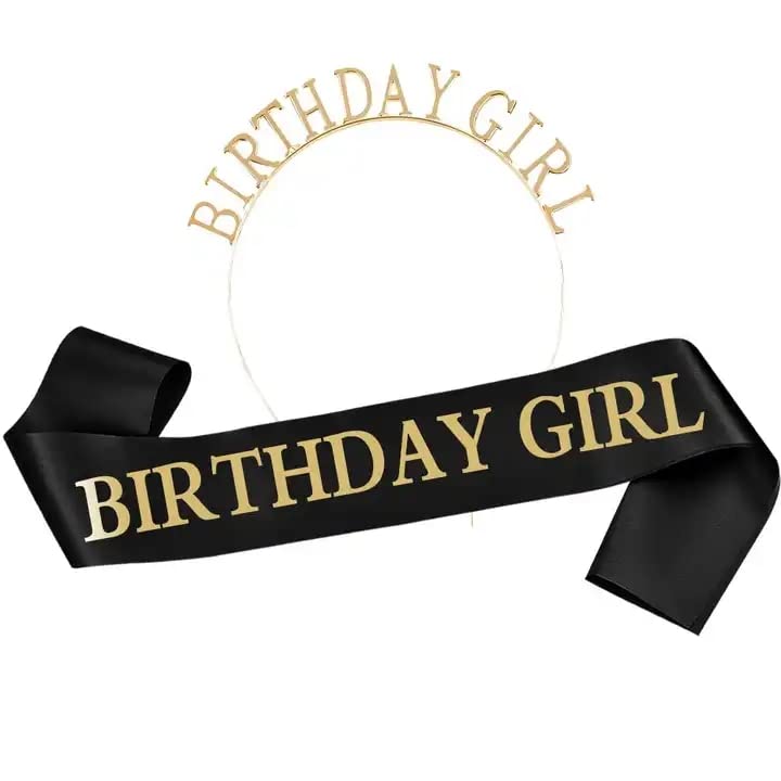 Birthday Sash for Women & Birthday Crown - 2Pc SET - Birthday Sash and Birthday Tiara. Birthday Decorations, Birthday Headband, Birthday Girl Sash, Birthday Party Decorations - Black&Gold