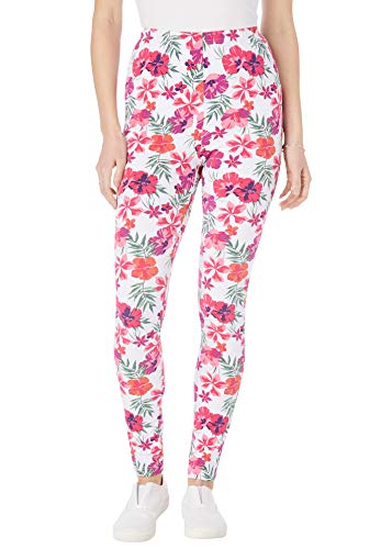 Woman Within Women's Plus Size Stretch Cotton Printed Legging - 3X, White Tropical Floral #TOP12