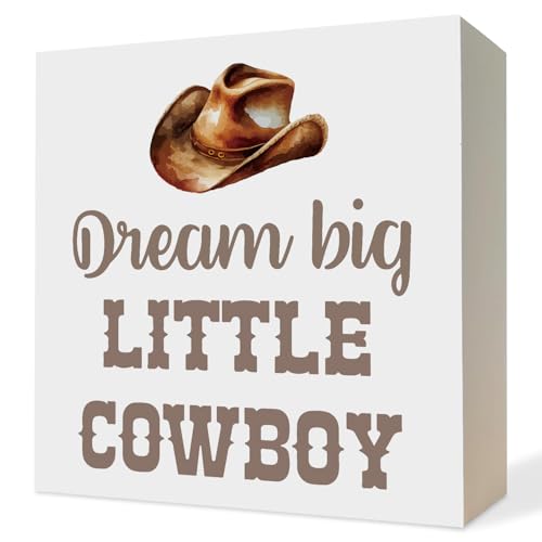 Image of ATBWGT Western Cowboy Nursery Wooden Box Sign,Western Desk Decor,Little Cowboy Wood Block Plaque Signs for Toddler Boys Room Nursery Home Desk Table Shelf Decor, 5x5 Inch