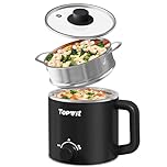 Topwit Hot Pot Electric with Steamer, 1.6L Ramen Cooker, Electric Pot for Pasta, Shabu-Shabu, Oatmeal, Soup and Egg, Portable Cooker with Dual Power Control, Dorm Room Essentials, Black