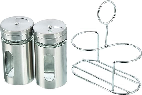 Image of INKULTURE Stainless Steel Salt and Pepper Shaker with Transparent Glass 100 ml (Set of 2) with Stainless Steel Stand for Oregano, Chilli Flakes, Sugar, Seasoning Sprinkler Dinning Table Masala Pot