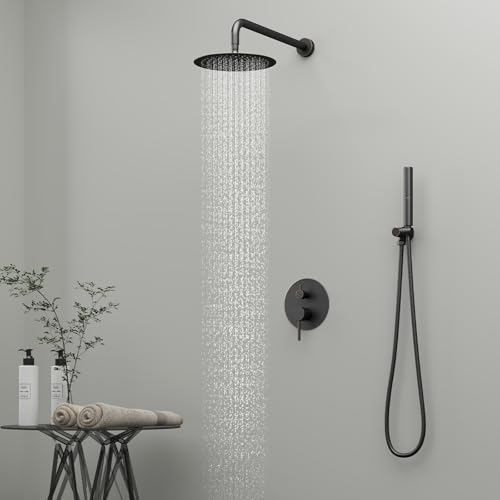 Image of BESy Shower System with 10 Inch Round Rain Shower Head and Handheld Wall Mounted, High Pressure Rainfall Shower Faucet Fixture Combo Set with 2 in 1 Handheld Showerhead for Bathroom, Bronze