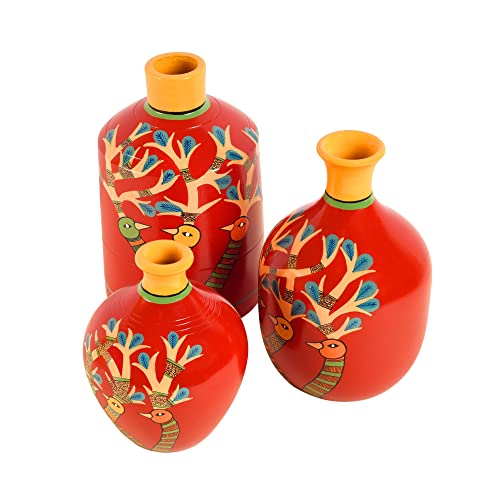 Image of Aakriti Art Creations Chirping Birds Terracotta Vase Set of 3 | Handmade Red Flower Vases | Matte Finish Floral Art Decorative Vases for Living Room, Table Decor & Gifting