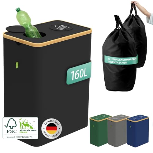 Glücksklee Pfandflaschen Sammelbehälter 160L mit zwei Fächern und FSC-zertifiziertem Bambus (Schwarz)