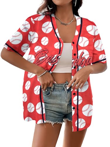 Image of Baseball Shirt Women Baseball Jersey Graphic Button Down Shirt Game Day Short Sleeve Tops