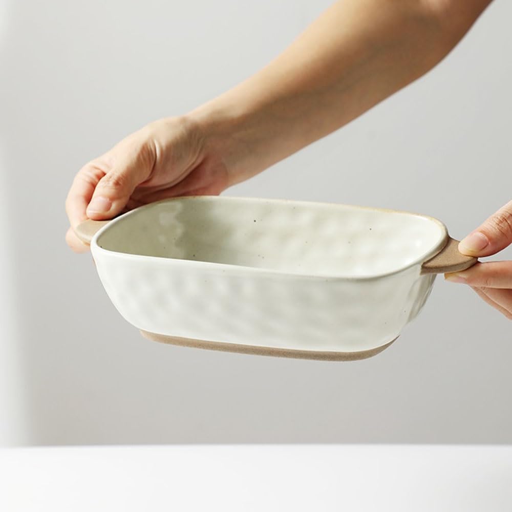 Naczynie do pieczenia Forma do pieczenia z podwójnym uchwytem, ​​wzór kamienia, vintage, chropowata, ceramiczna, kwadratowa, głęboka miska gotowania na parze Zapiekanka(Biały,Mały)