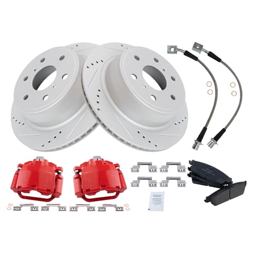 Image of TRQ Rear Brake Pad & Rotor Kit Slotted X Drilled Performance Red Premium G-Coated Ceramic Driver & Passenger Side Compatible with 07-14 Cadillac Chevrolet GMC